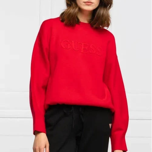 Women's Guess Underwear Red Embossed Logo Loose Fit Crewneck Sweater